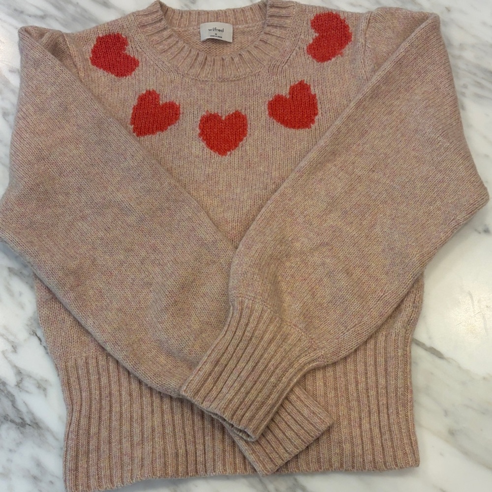Wilfred Blush Crewneck Sweater with Red Heart Intarsia
